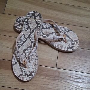 Tory Burch Beige and Brown Snake-Print Flip Flops with Gold Logo